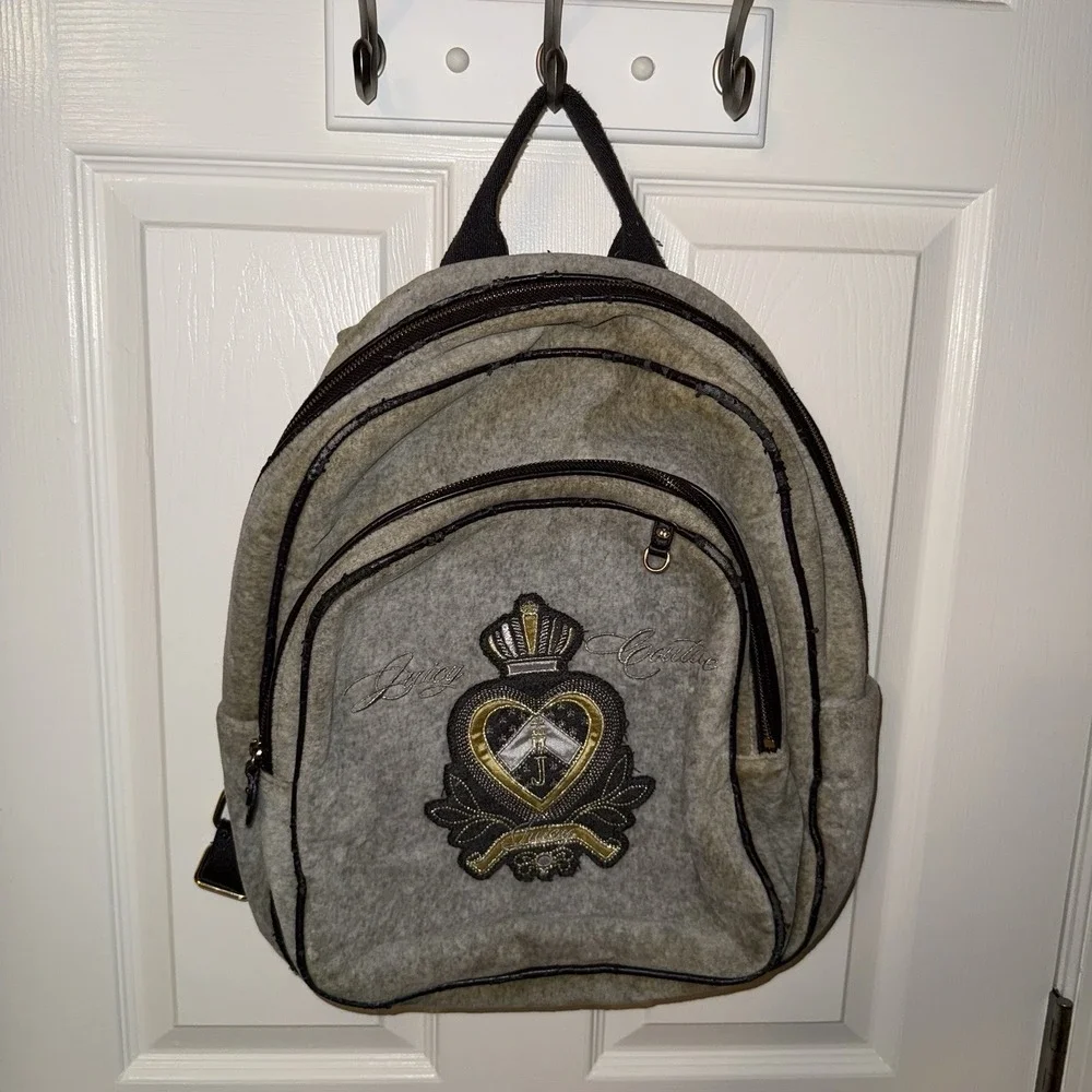 Y2K JUICY COUTURE Gray Velour BACKPACK Bookbag Crown School Work